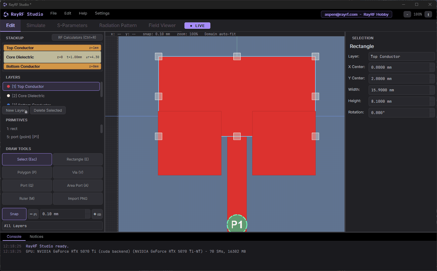 RayRF 2D editor: stackup, primitives, and properties on one canvas