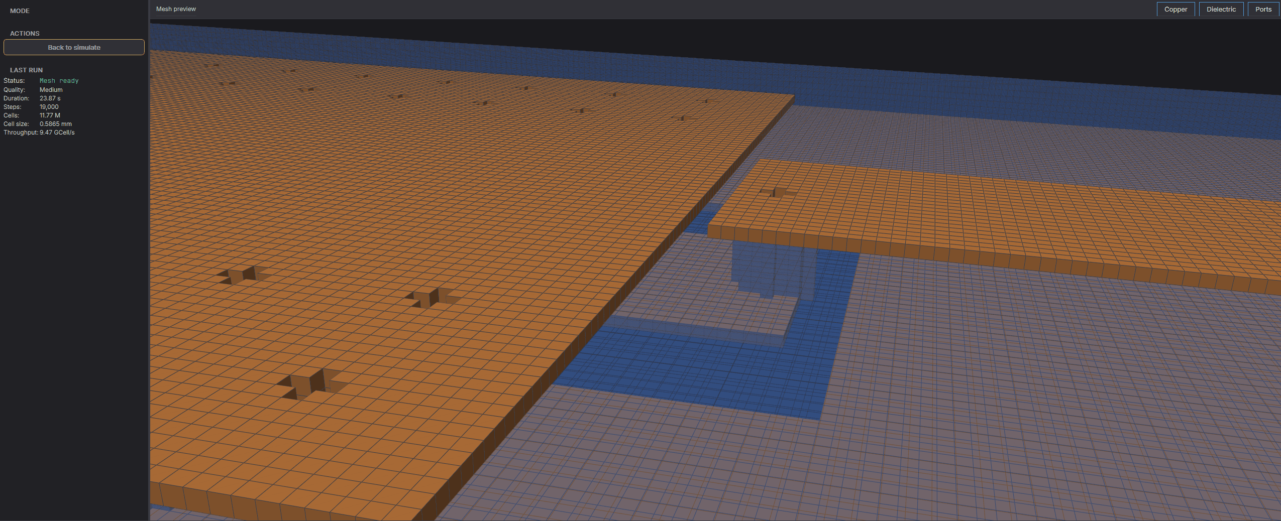 Auto-meshing preview: Yee grid on patch antenna