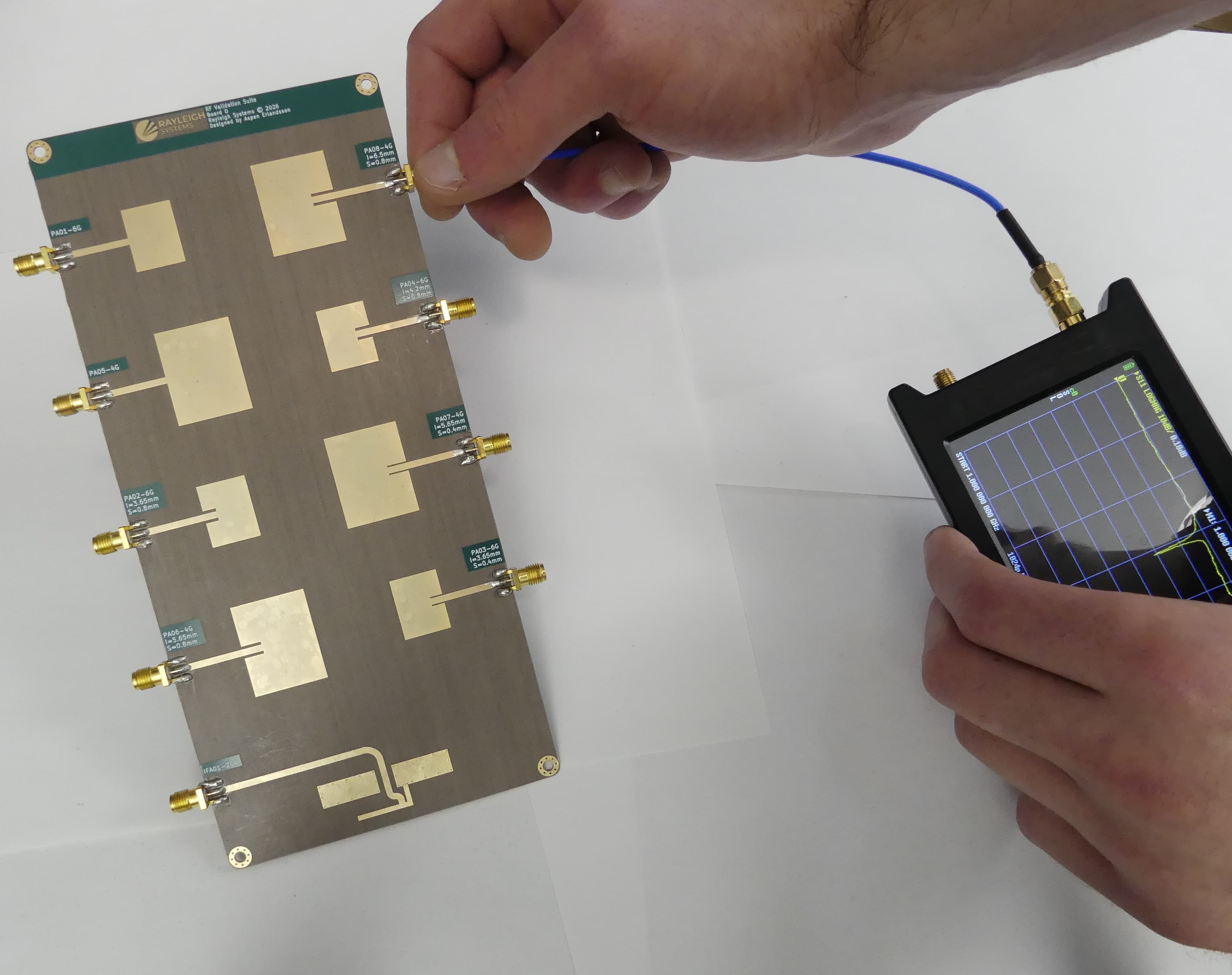 Calibrated LiteVNA64 in hand, sweeping one of the RayRF validation PCBs