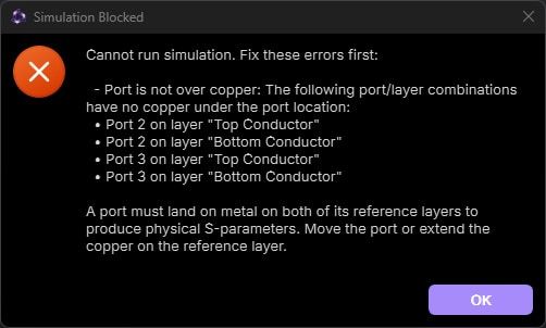 Simulation Blocked dialog listing missing-copper details