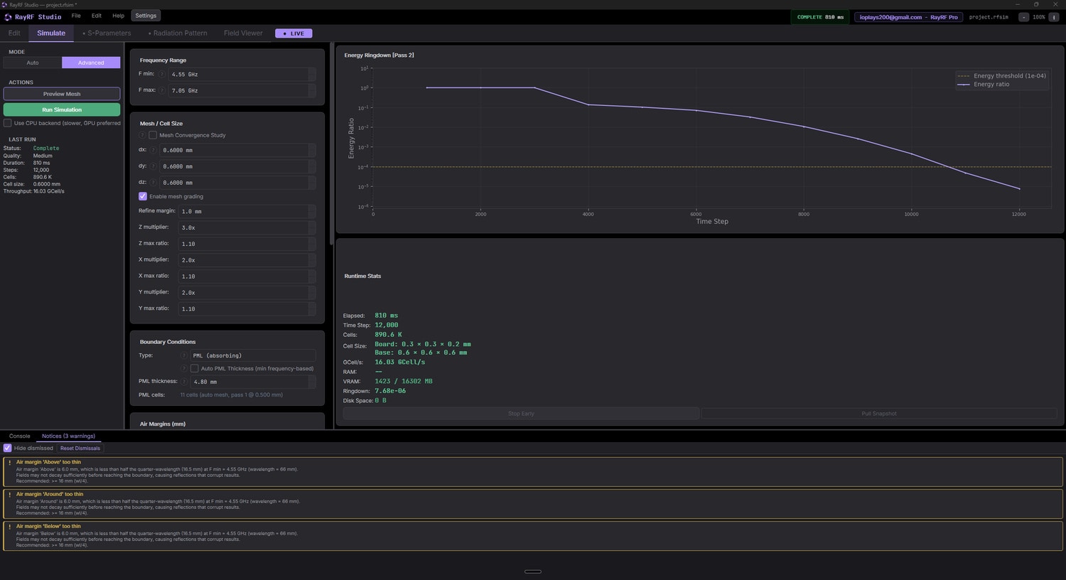 Advanced settings: mesh, cell size, PML, air margins