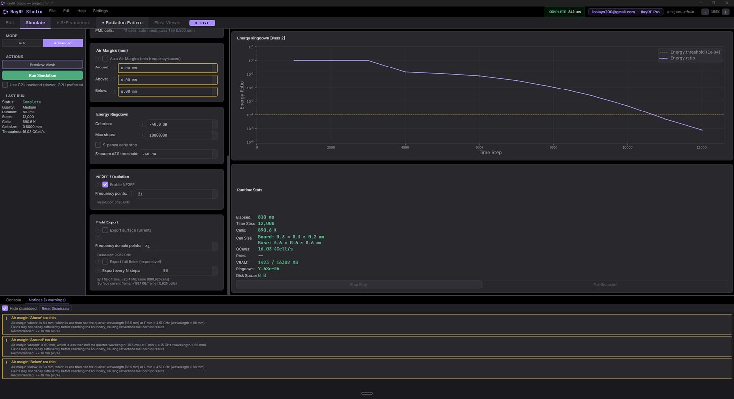 Advanced settings, lower half: air margins, ringdown, NF2FF, field export