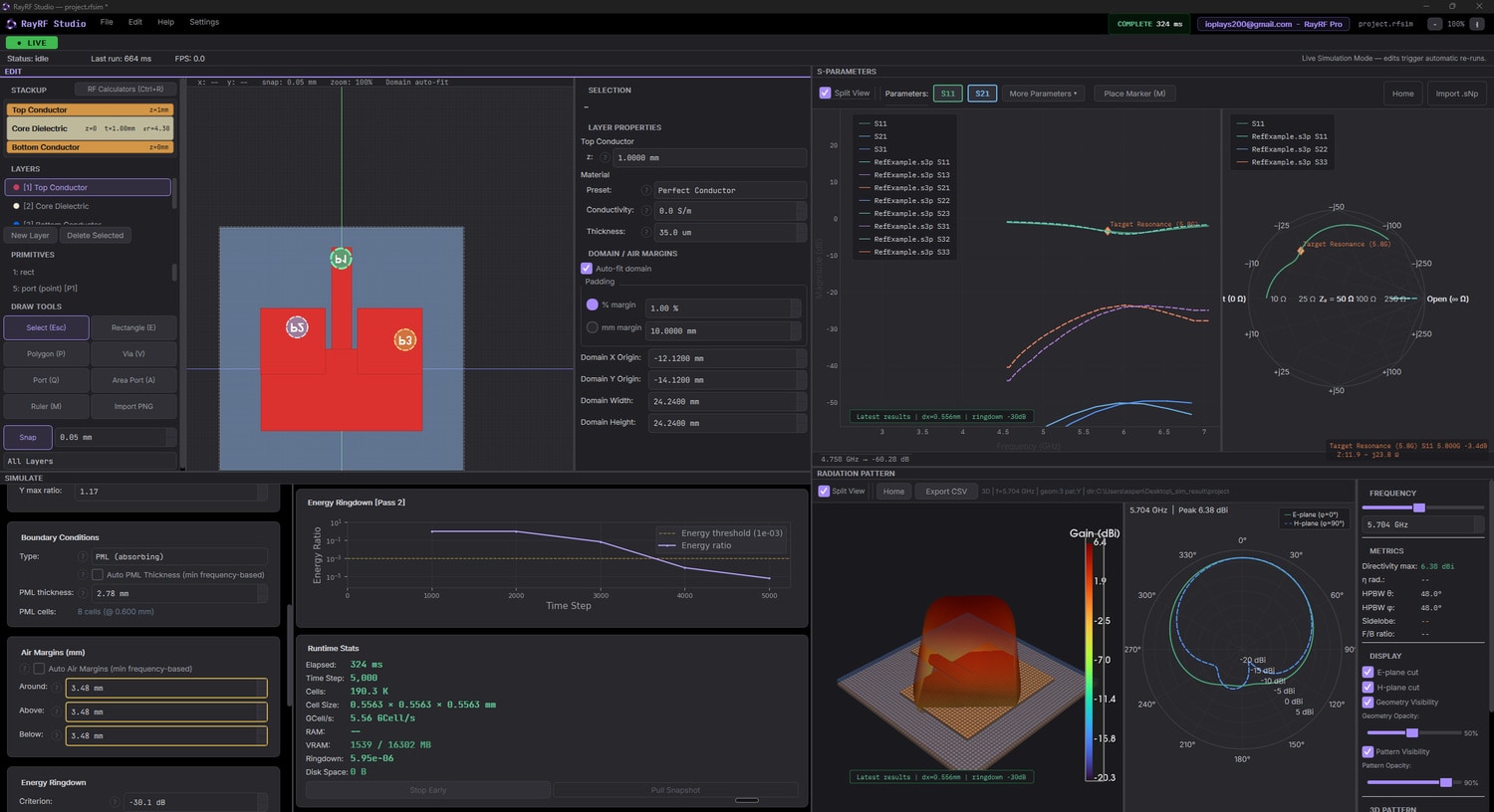 Live Mode overview: editor, Simulate panel, S-parameters and radiation panes side by side