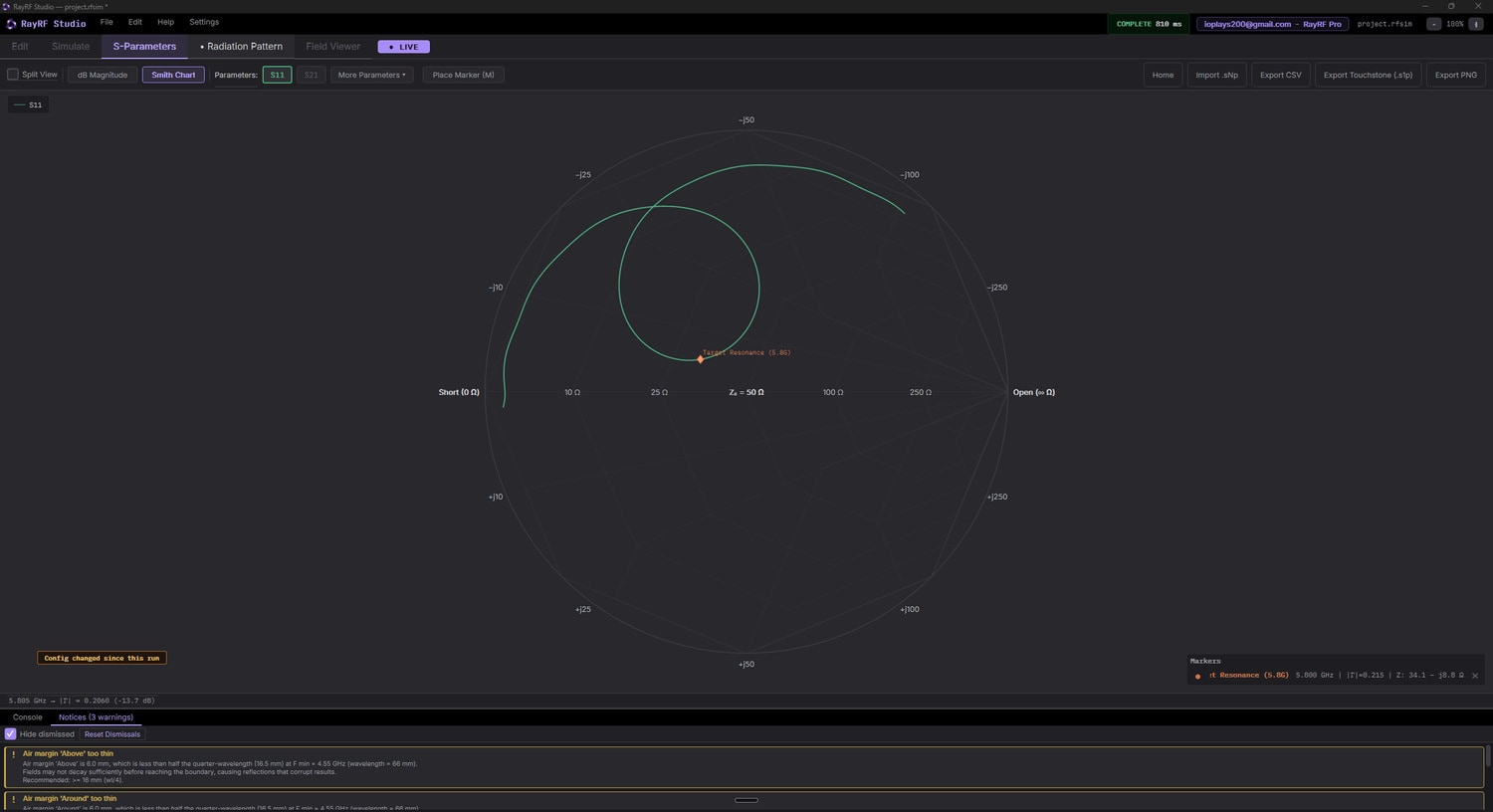 Smith chart view of the same project