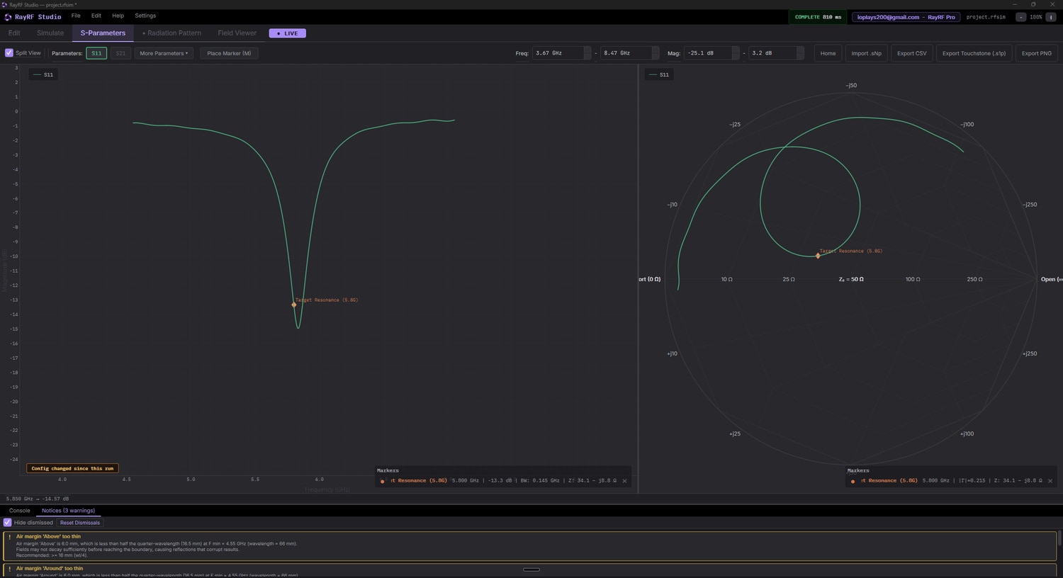 Split view: dB Magnitude on the left, Smith on the right