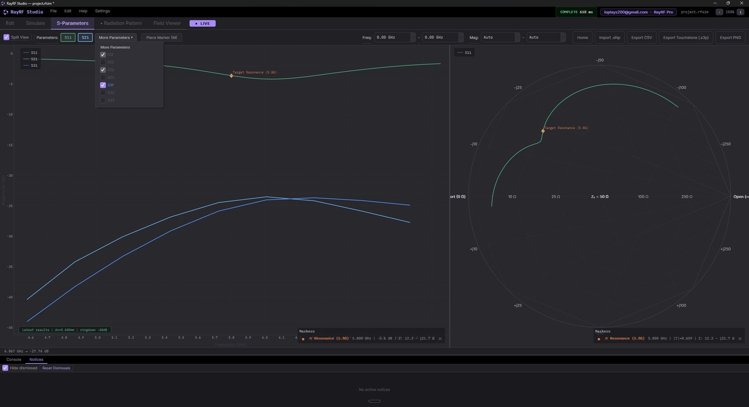 Multi-port plot with the More Parameters dropdown open