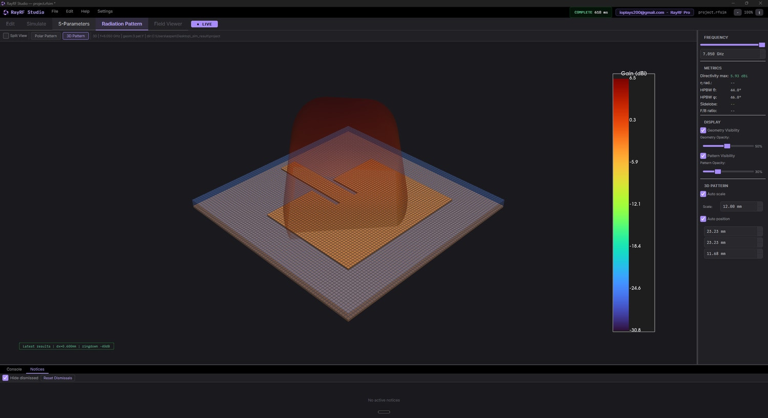 3D pattern at 7.3 GHz with a noticeably different lobe shape