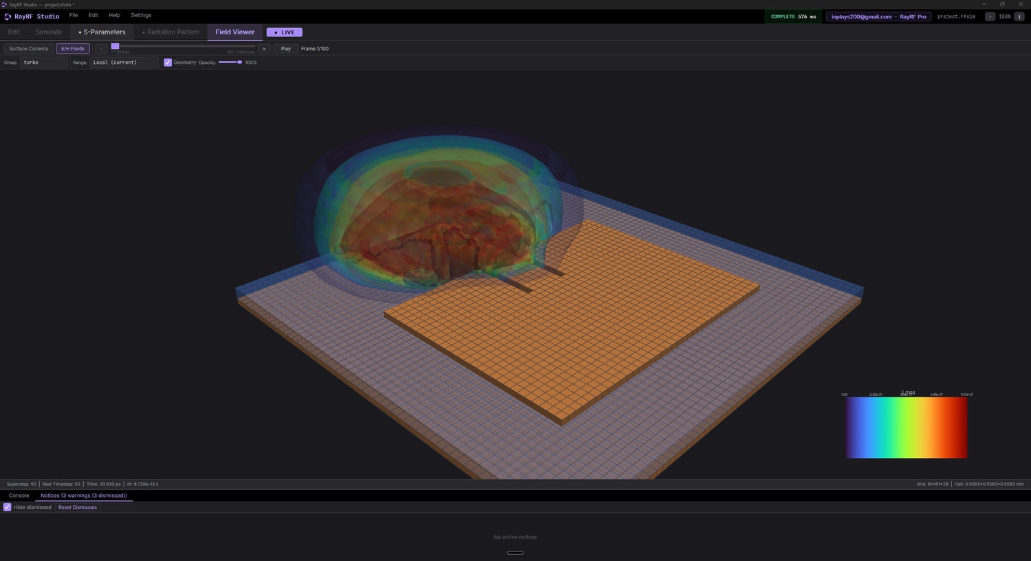 3D E/H Fields with the |E| magnitude rendered around the patch