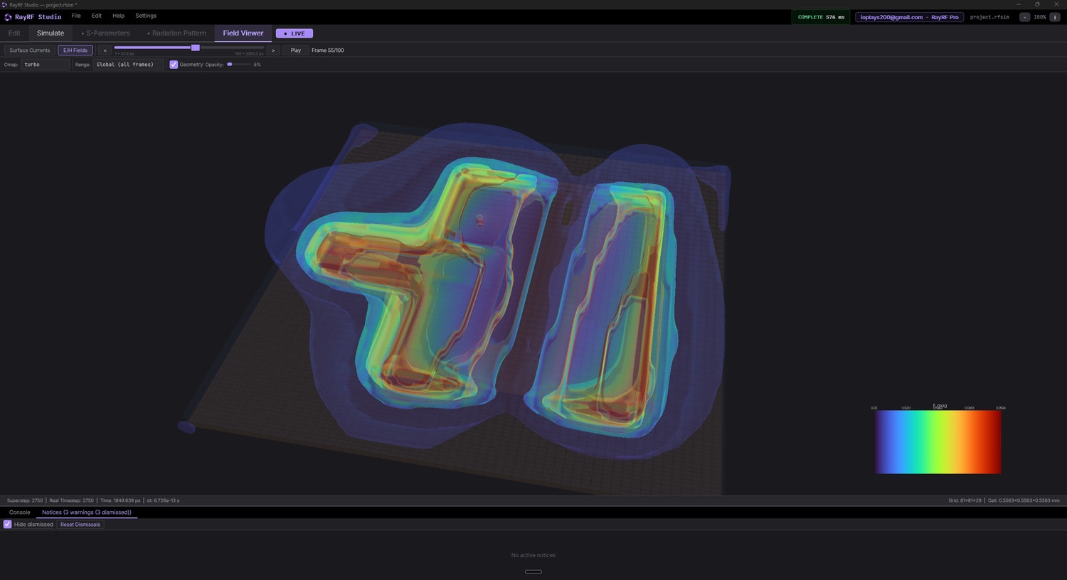 Mid-animation 3D field showing the propagating wavefront
