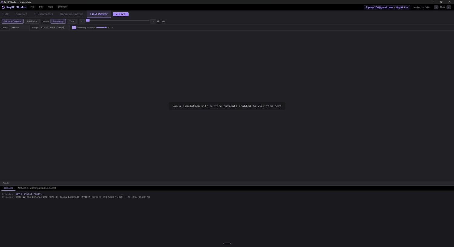 Surface Currents empty state with the GPU detection log behind it