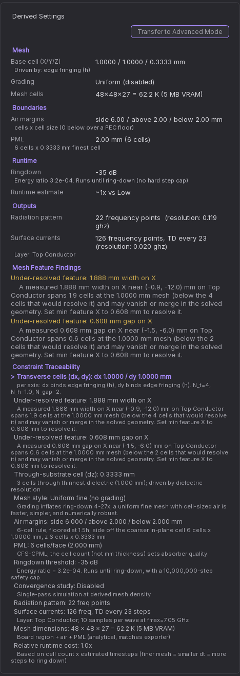 Derived settings summary with constraint traceability