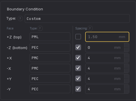 Custom per-face matrix mixing PMC, PEC, and PML faces
