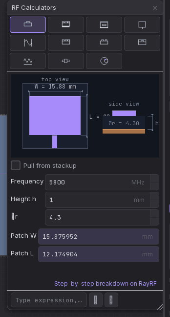RF calculators overlay open on the editor