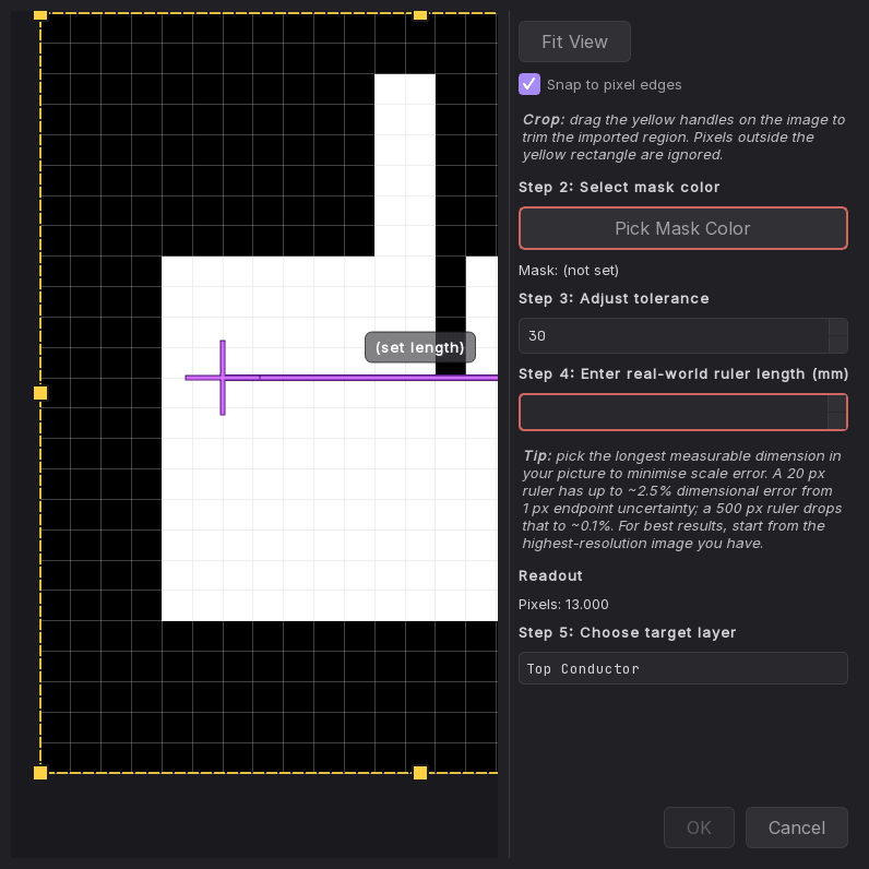 Import PNG dialog: ruler, mask preview, and the scale and layer steps
