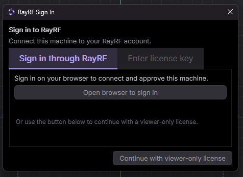 Sign-in prompt with browser and license key tabs and the viewer-only option