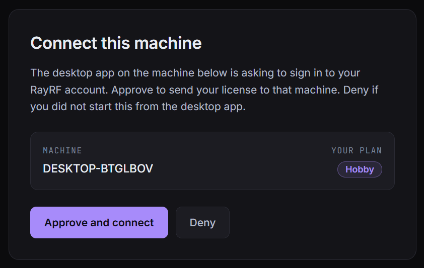 Browser approval card for connecting a new machine to your RayRF account