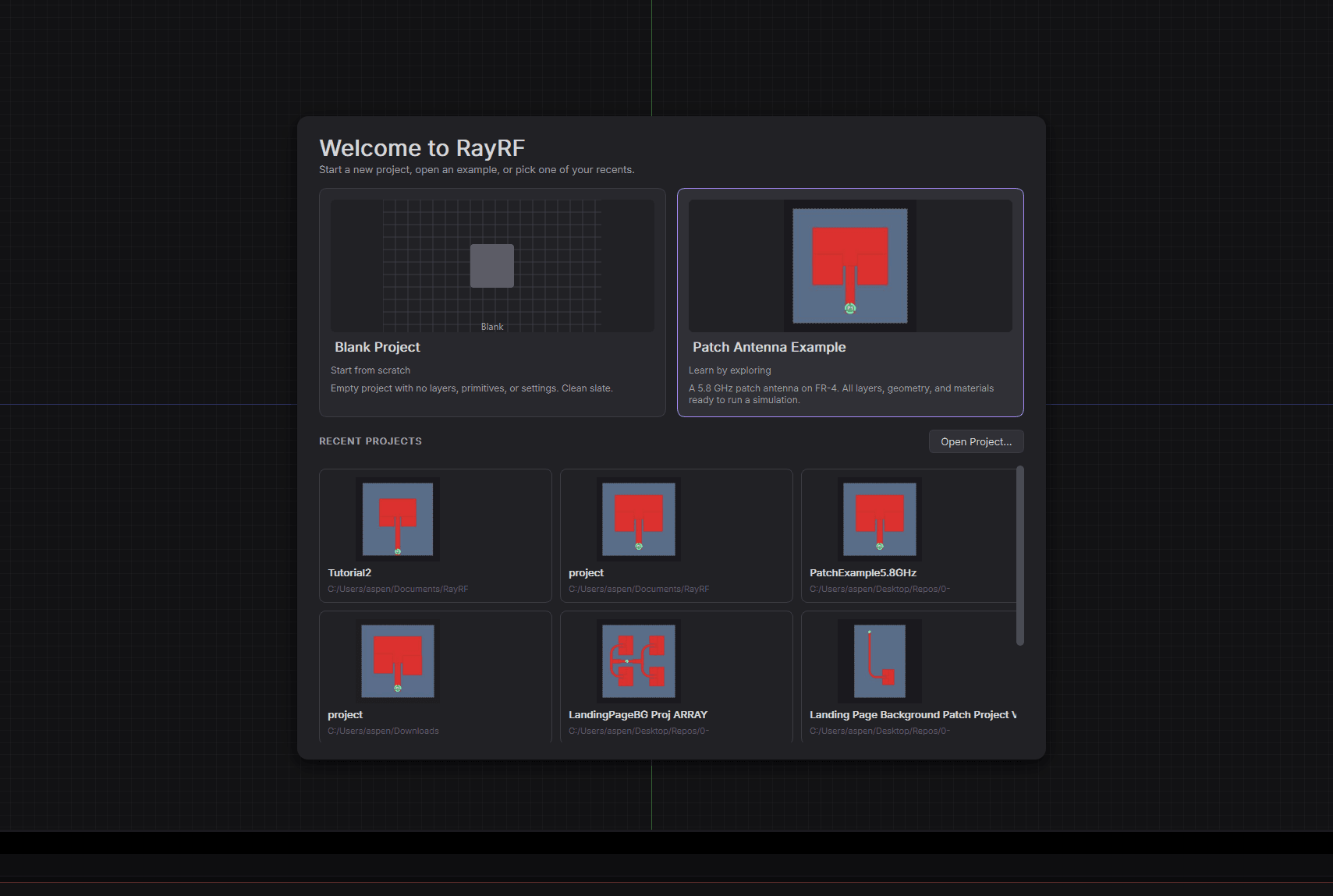 Welcome dialog with recent projects and the new project options