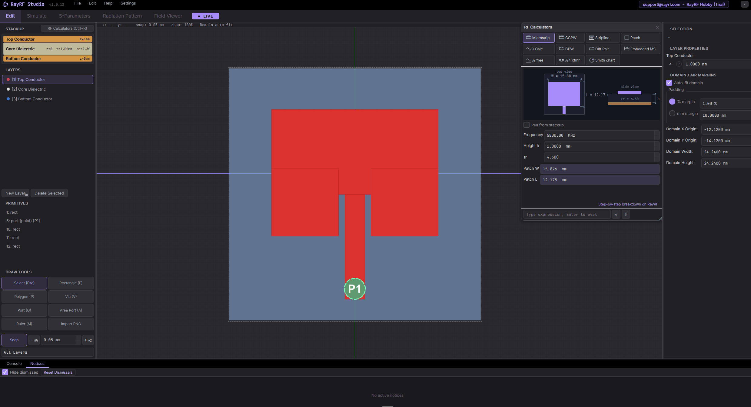 Patch antenna example open in the Edit tab