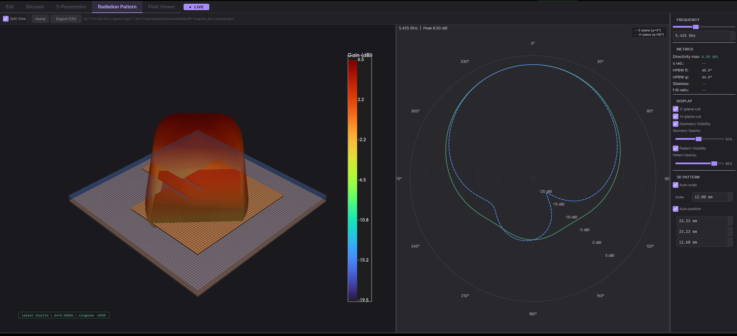 3D radiation pattern for the patch antenna example