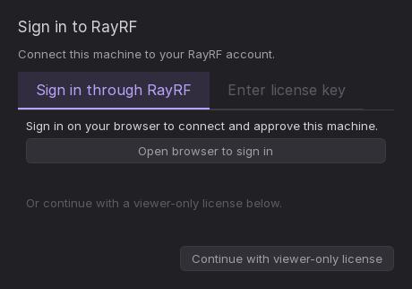 The RayRF sign-in dialog with the browser and license-key tabs