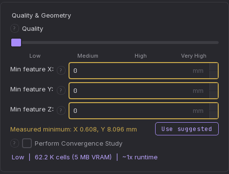 Quality and geometry card with the measured-minimum readout