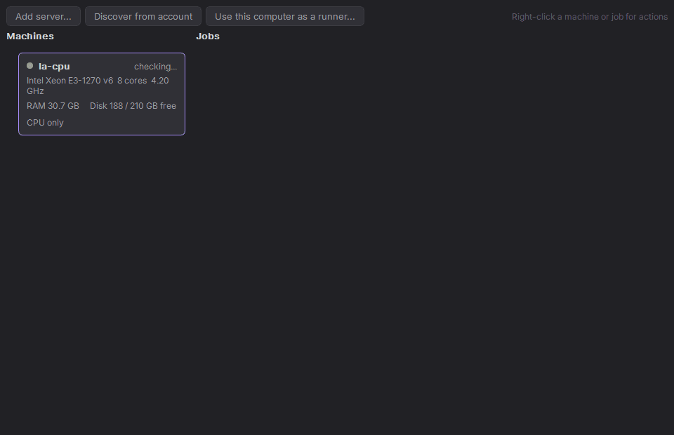 Remote runners manager: machines column, jobs column, and the setup actions