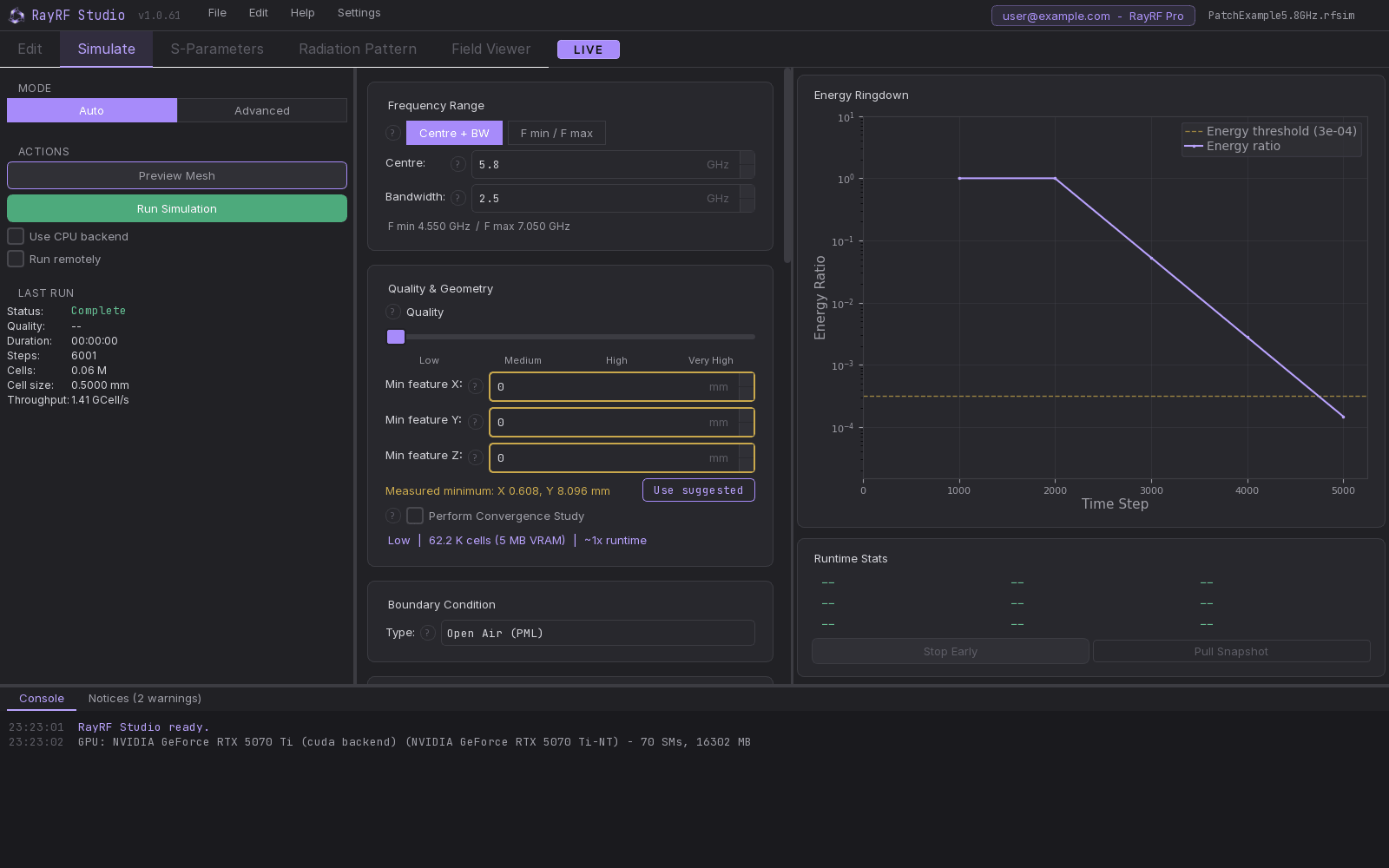 Simulate tab during a run: left rail, config, and the runtime panel with the energy ringdown plot