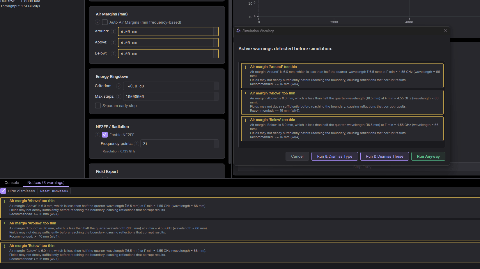 Simulation Warnings dialog over the Advanced view