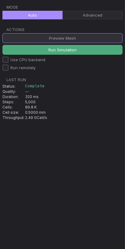 Left rail: mode, actions, run button, engine checkboxes, and the last-run summary