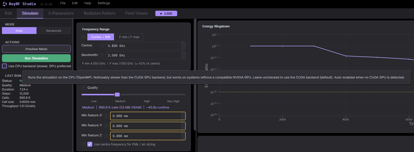 Use CPU backend toggle in the Simulate tab options