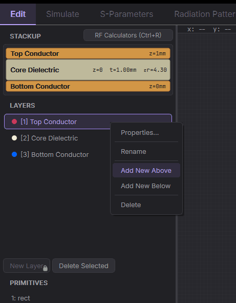Stackup panel listing the layers in Z order