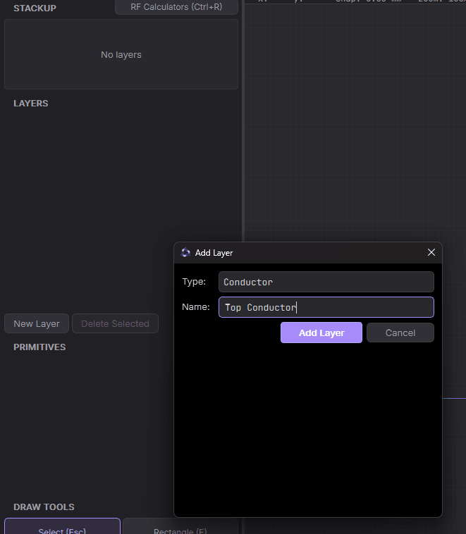 New Layer dialog set to add a conductor