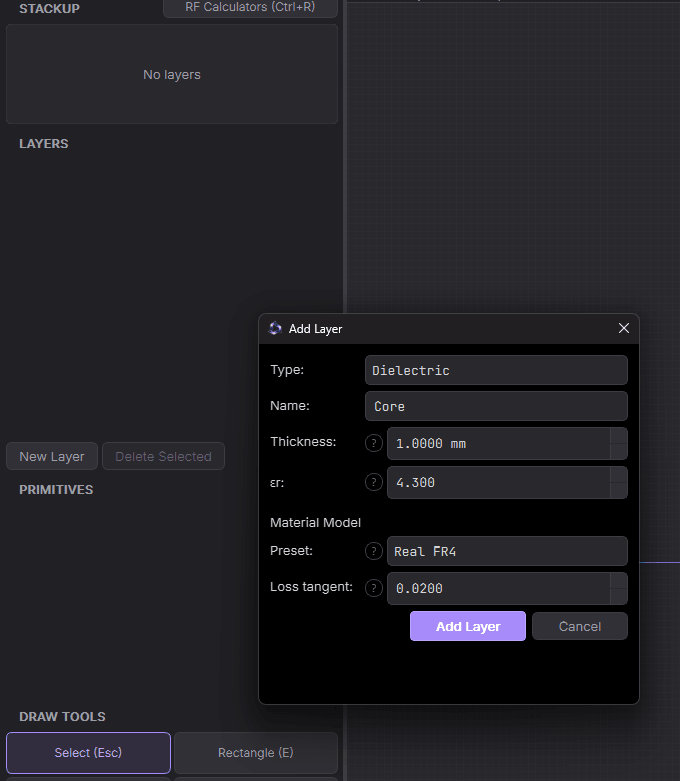 New Layer dialog set to add a dielectric with Eps_r and loss tangent