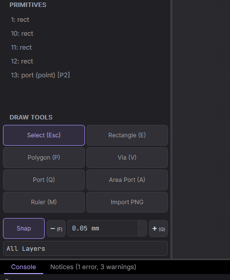 Draw Tools panel with primitives, ports, ruler, and PNG import
