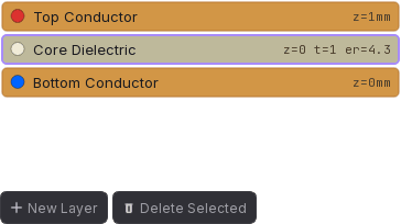 The Stackup section with a dielectric layer selected, showing the layer list and the New Layer and Delete Selected buttons