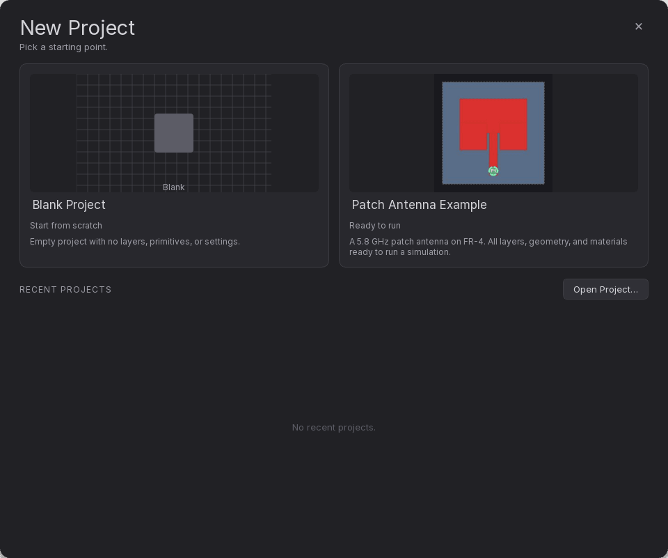 The welcome picker with a blank project, the patch example, and recent files