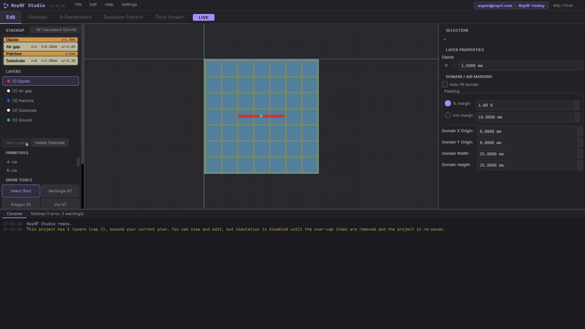 RayRF editor showing the 7x7 mushroom patch array on the substrate with the dipole crossing the center