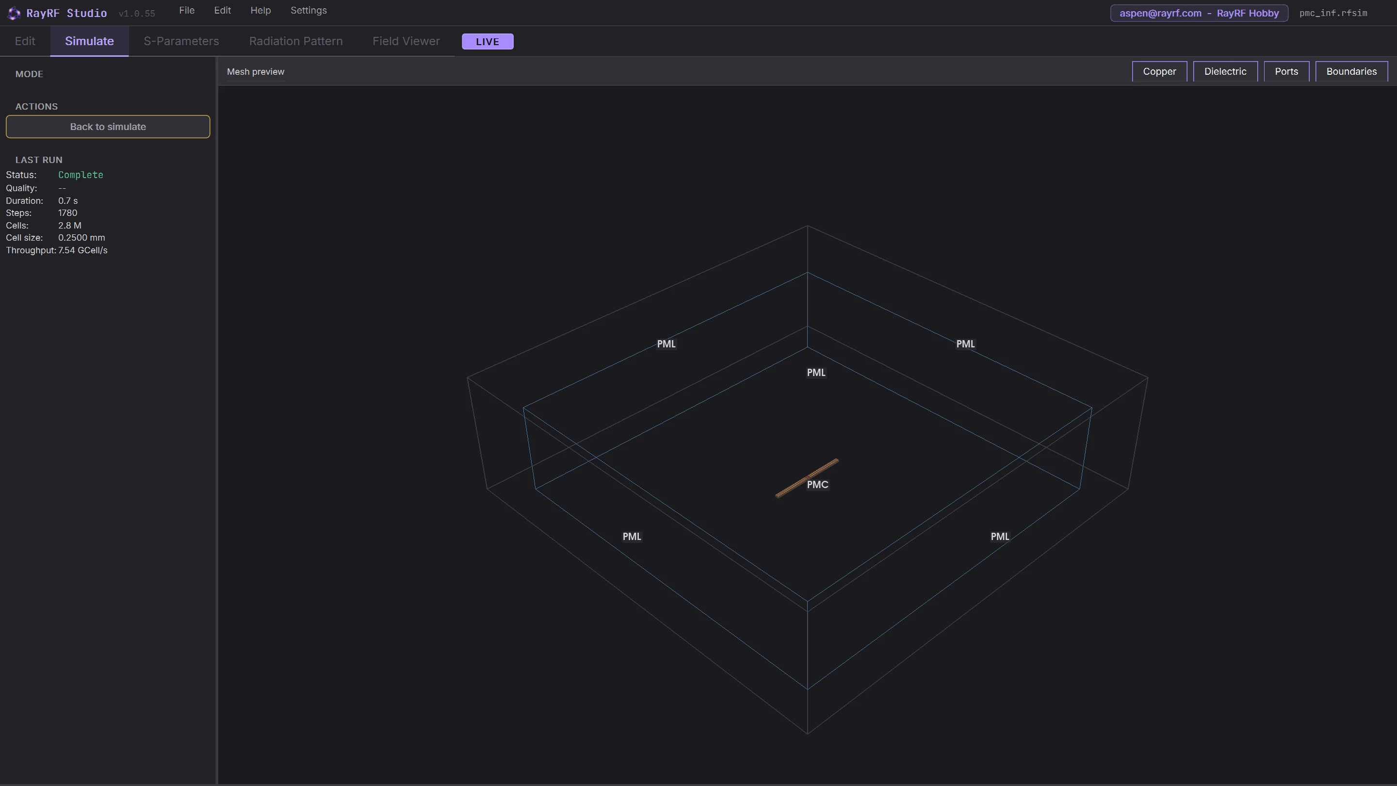 RayRF mesh preview showing the domain box with PML labels on five faces and PMC on the bottom face under the dipole